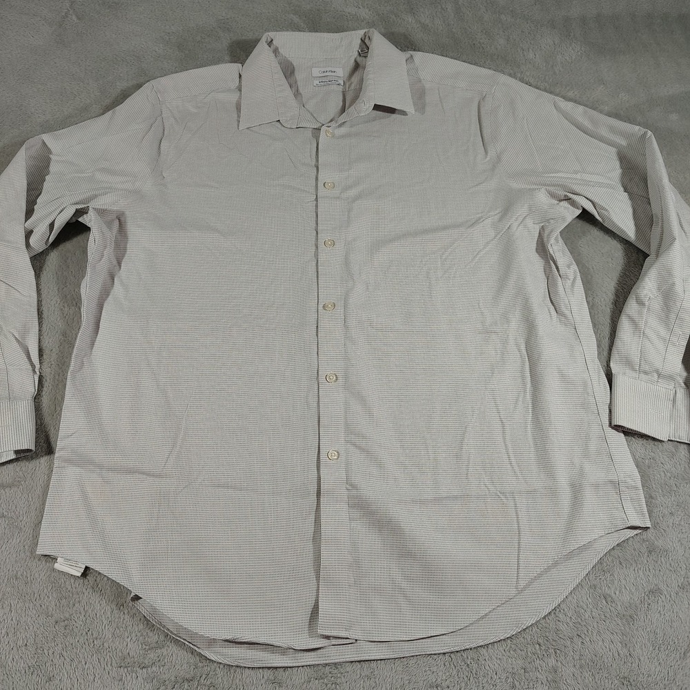 Calvin Klein Shirt Men 18 34/35 Gray Squares Slick Designer Classic Slim Stretch